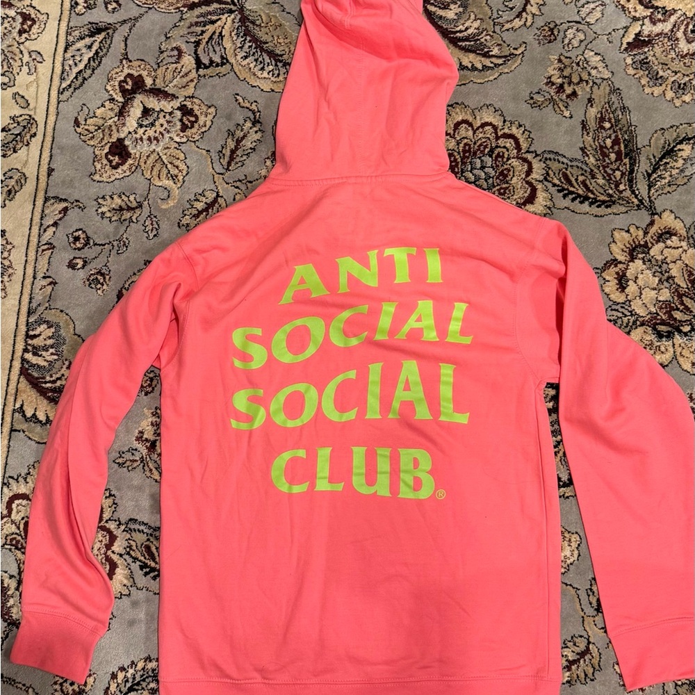 Anti Social Social Club Coral Pink Hoodie with Neon Lime Logo